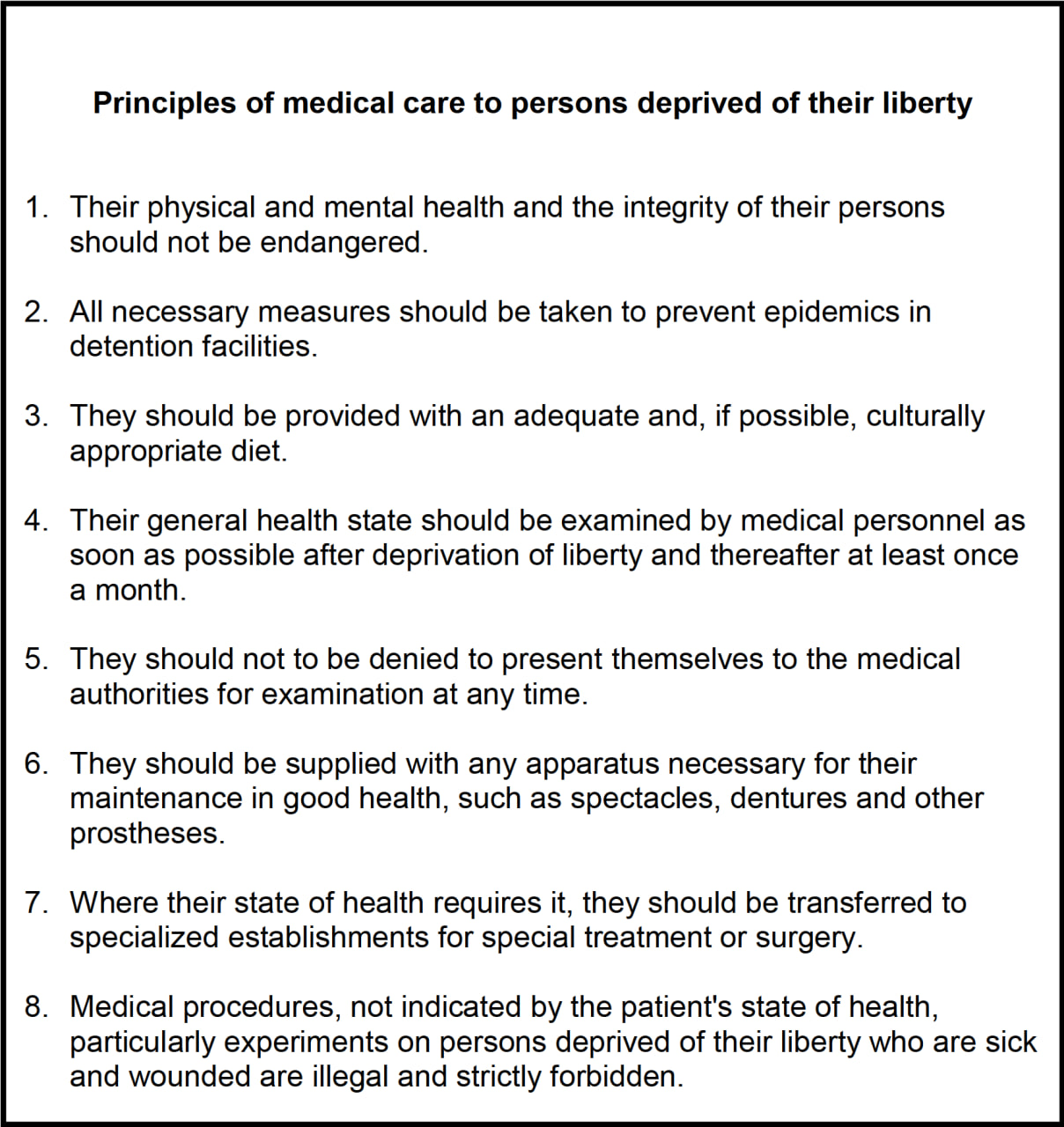 Principles of medical care to persons deprived of their liberty