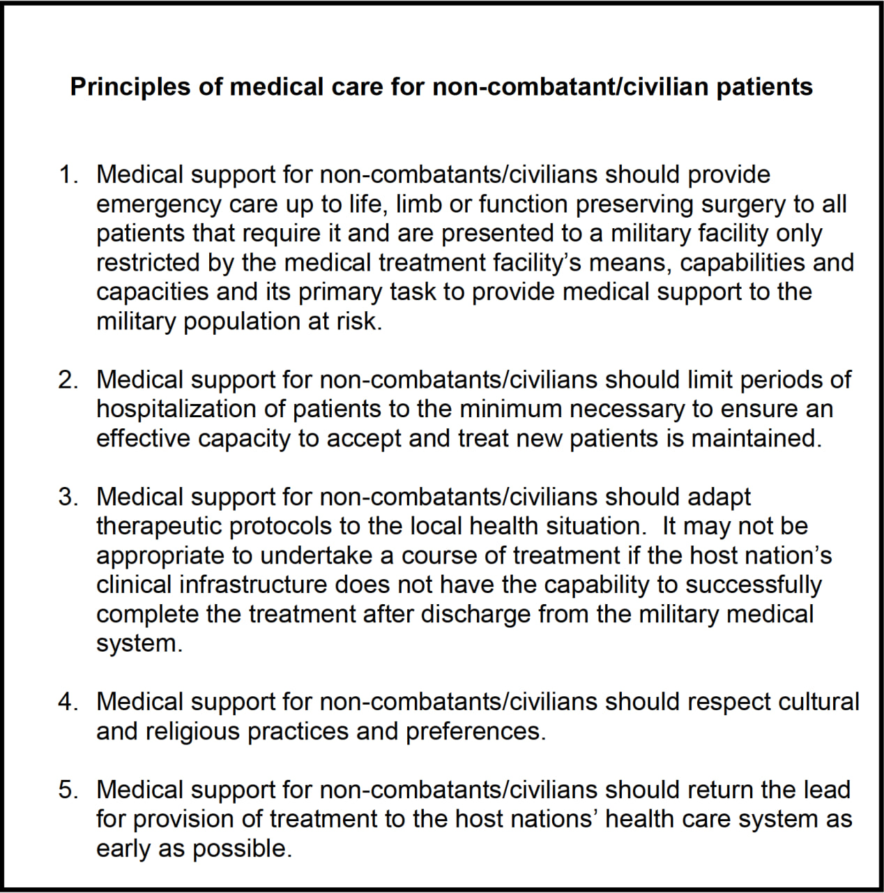 Principles of medical care for non-combatant patients