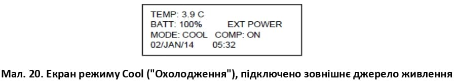 Екран режиму Cool (Охолодження), підключено зовнішнє джерело живлення