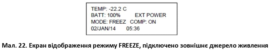 Екран відображення режиму FREEZE, підключено зовнішнє джерело живлення