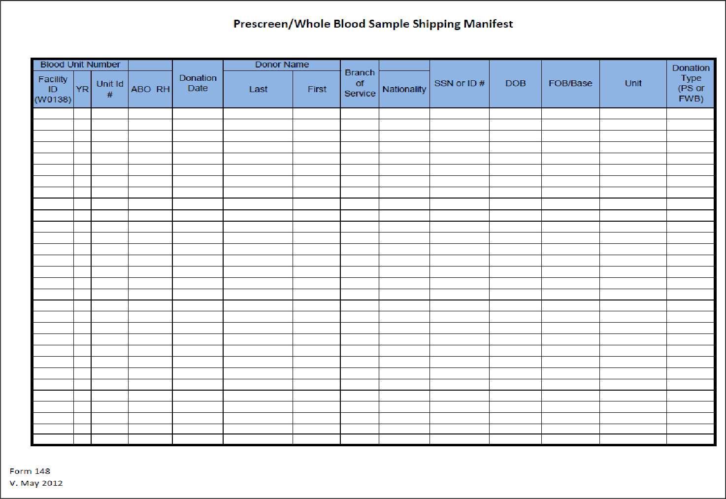 Form 148–Pre-Screen/Whole Blood Sample Shipping Manifest