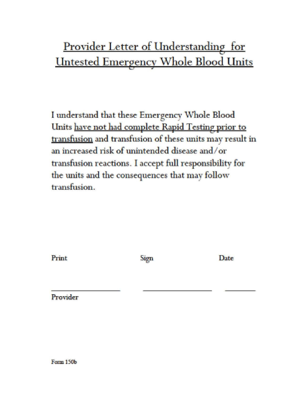 Form 150A: Emergency Release Letter of Understanding (tested)