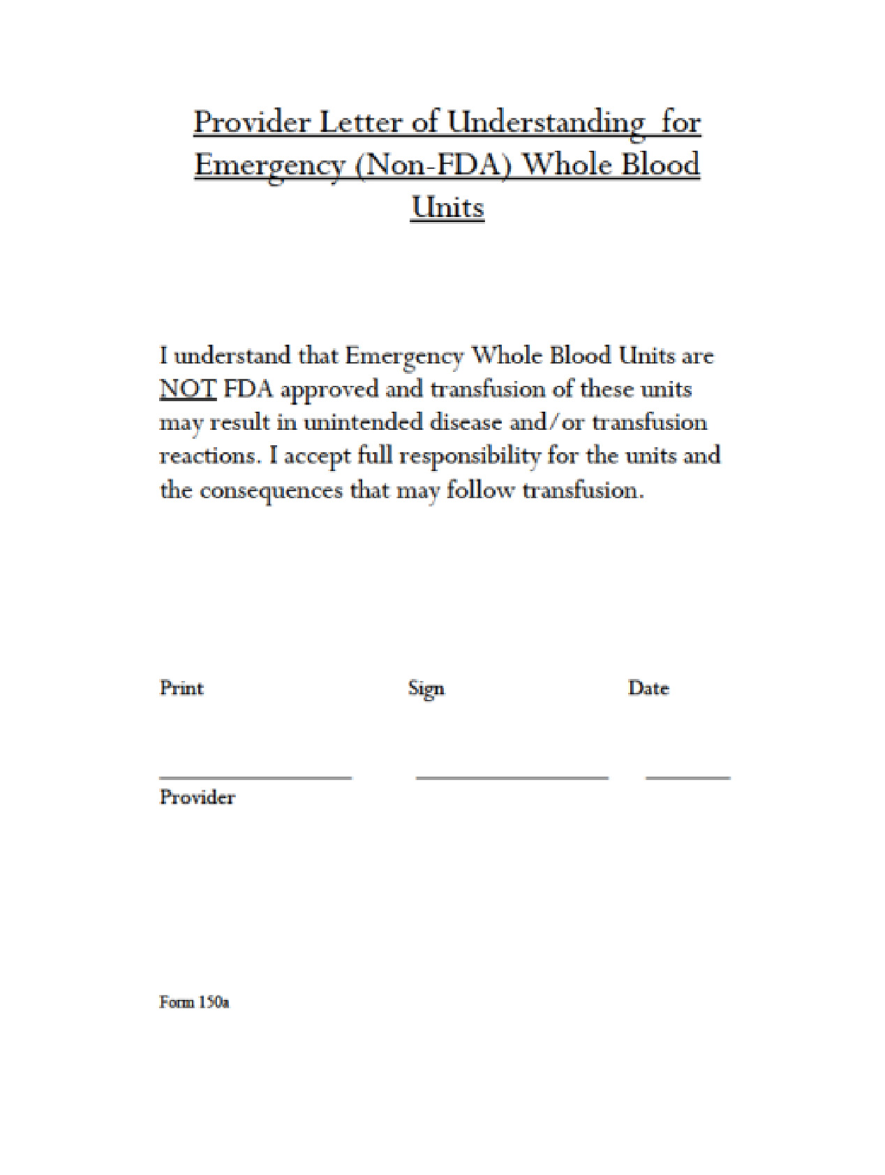 Form 150B: Emergency Release Letter of Understanding (Untested)