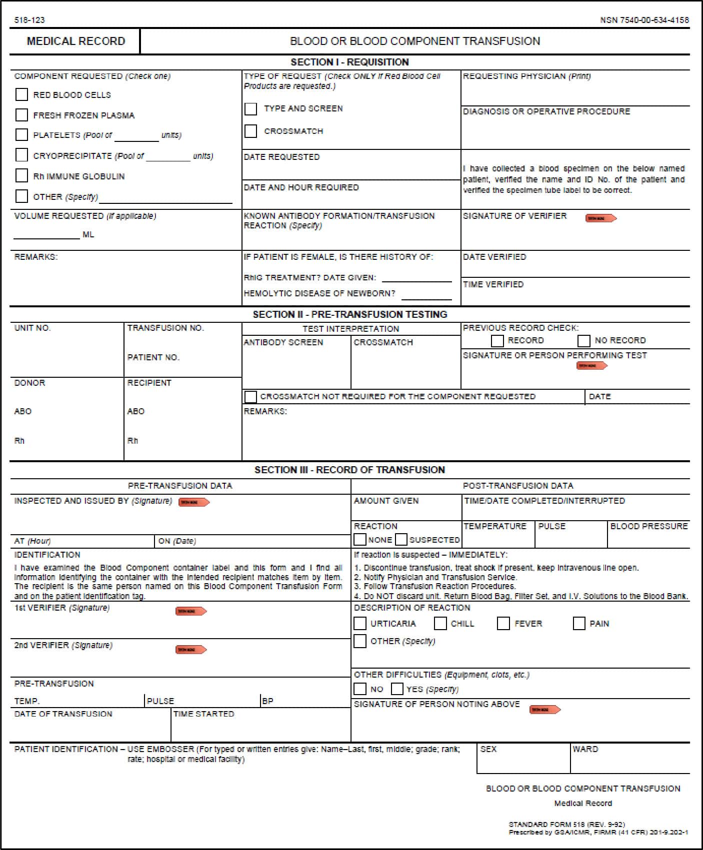 Standard Form 518-123: Blood or Blood Component Release