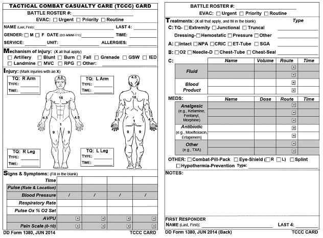 TACTICAL COMBAT CASUALTY CARE CARD, DD 1380